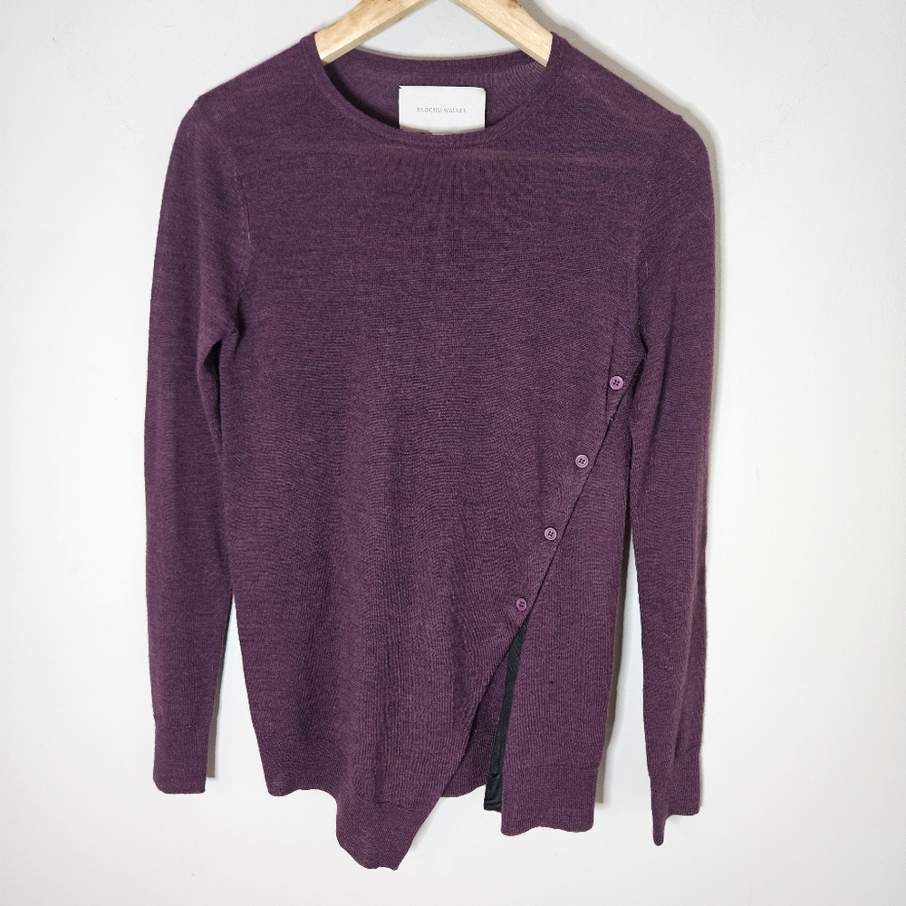 Brochu Walker Asymmetrical Maroon Sweater Merino Wool Button Side P 0 2